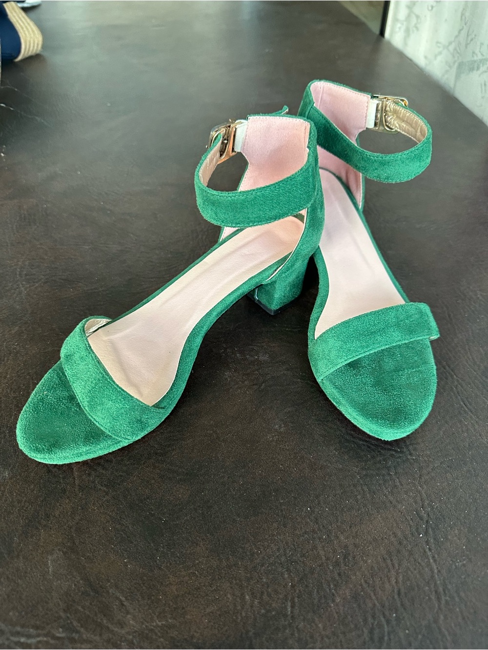 Hunter Green Suede Ankle-Strap Block Heel Sandals